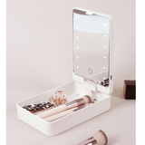 USB Rechargeable LED Makeup Mirror & Cosmetic Box – Double-Sided Pink Mirror with Brush Holder