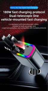 5-in-1 Retractable Car Charger – LED Starlight + QC3.0 + High-Speed USB Type-C / USB-A Outputs