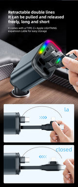 5-in-1 Retractable Car Charger – LED Starlight + QC3.0 + High-Speed USB Type-C / USB-A Outputs