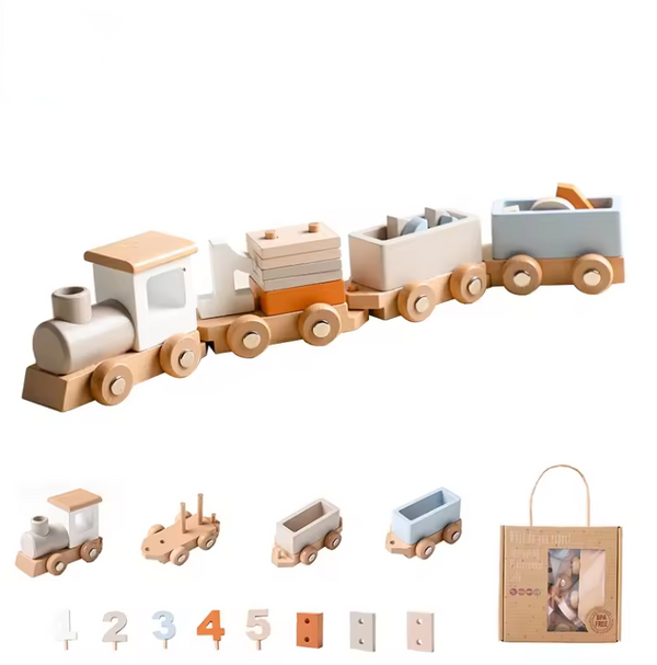 Wooden Train Birthday Toy – Montessori Educational Pull-Along Toy with Numbers & Blocks for Toddlers