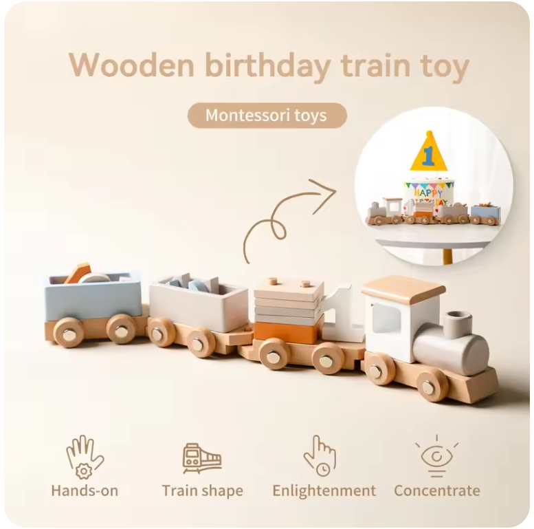 Wooden Train Birthday Toy – Montessori Educational Pull-Along Toy with Numbers & Blocks for Toddlers