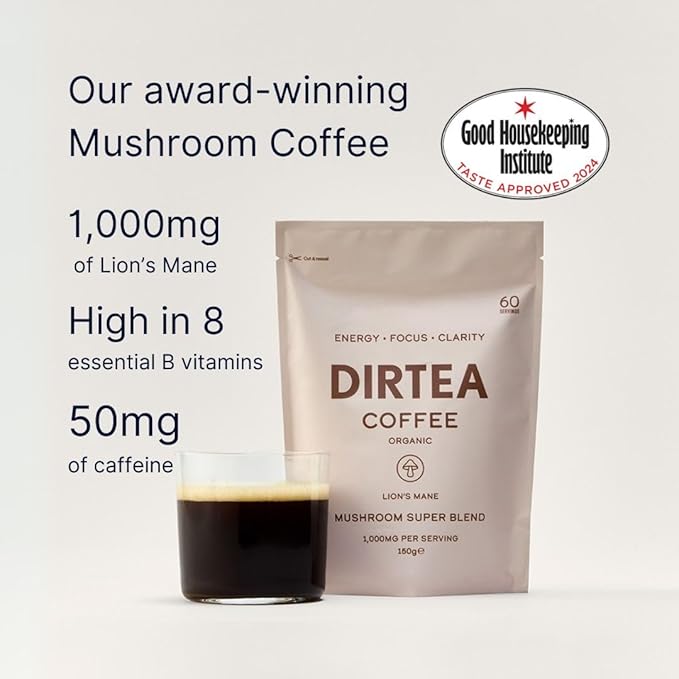 Dirtea Mushroom Coffee with Organic Lion’s Mane, Maca, Ashwagandha & Vitamin B Complex