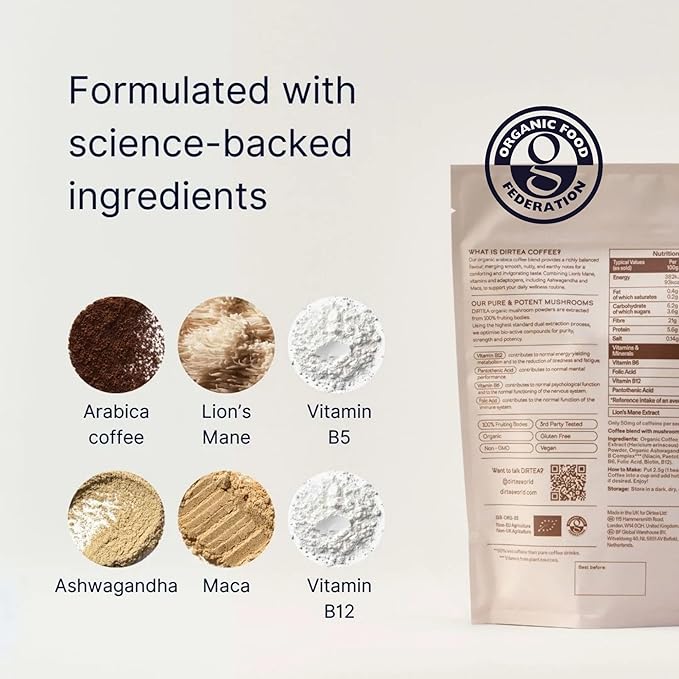 Dirtea Mushroom Coffee with Organic Lion’s Mane, Maca, Ashwagandha & Vitamin B Complex