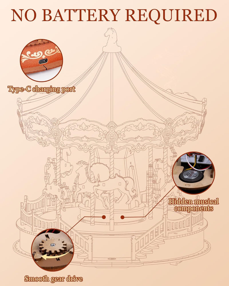 Wooden Carousel Music Box – 3D DIY Puzzle with Lights