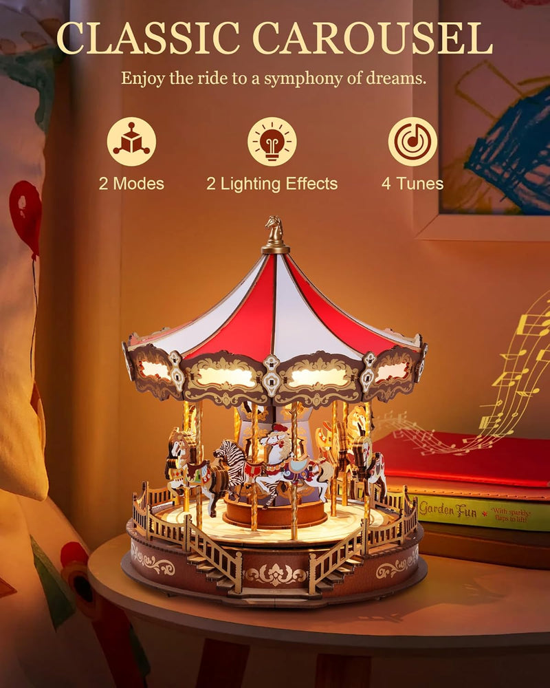 Wooden Carousel Music Box – 3D DIY Puzzle with Lights