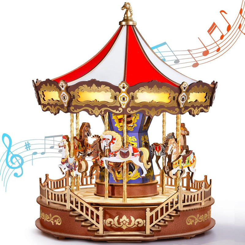 Wooden Carousel Music Box – 3D DIY Puzzle with Lights