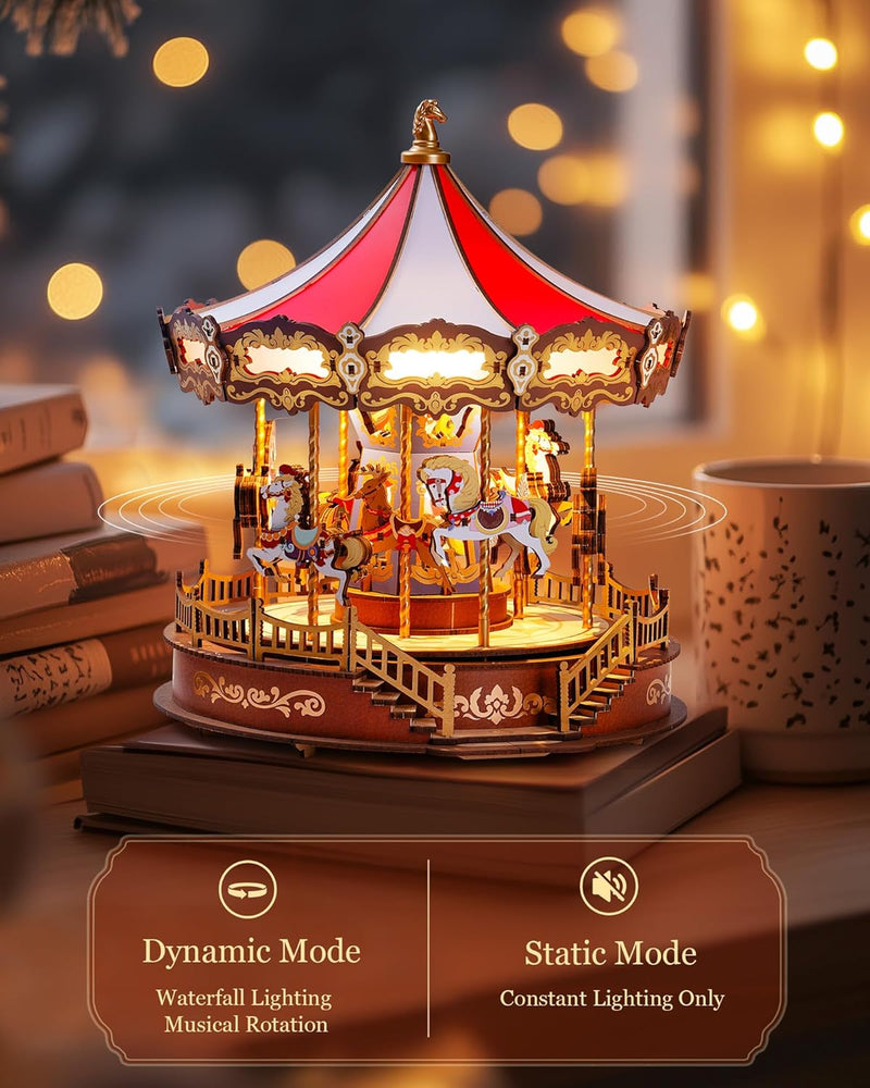 Wooden Carousel Music Box – 3D DIY Puzzle with Lights