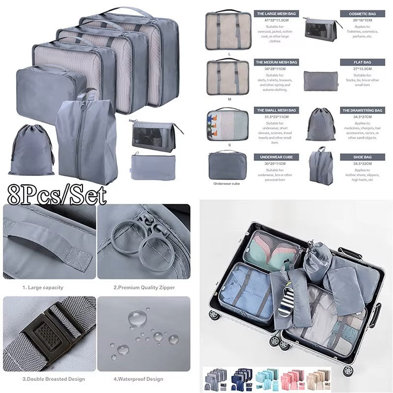 8-Piece Fashion Travel Storage & Packing Cubes Set – Portable Luggage Organizers with Zippers