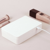 USB Rechargeable LED Makeup Mirror & Cosmetic Box – Double-Sided Pink Mirror with Brush Holder