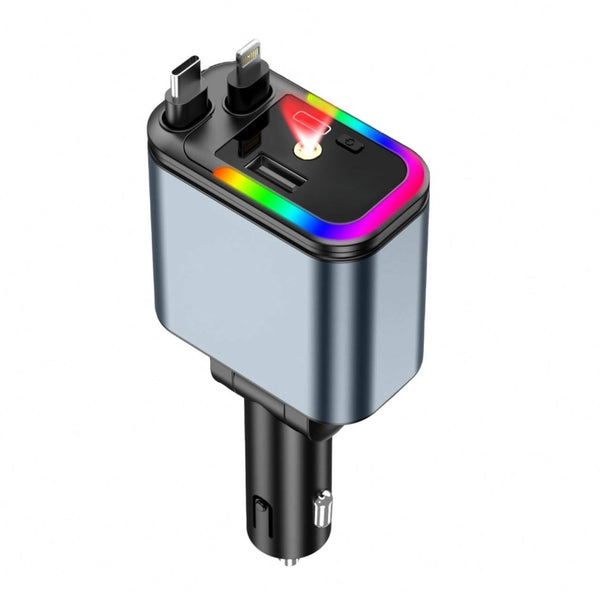 5-in-1 Retractable Car Charger – LED Starlight + QC3.0 + High-Speed USB Type-C / USB-A Outputs
