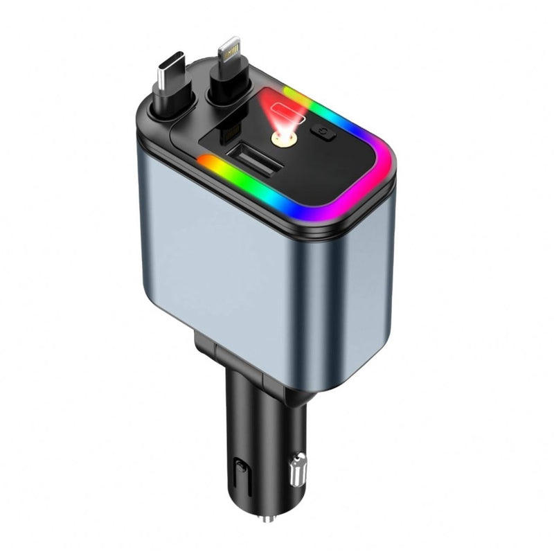 5-in-1 Retractable Car Charger – LED Starlight + QC3.0 + High-Speed USB Type-C / USB-A Outputs