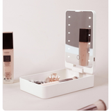 USB Rechargeable LED Makeup Mirror & Cosmetic Box – Double-Sided Pink Mirror with Brush Holder
