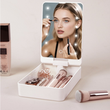 USB Rechargeable LED Makeup Mirror & Cosmetic Box – Double-Sided Pink Mirror with Brush Holder