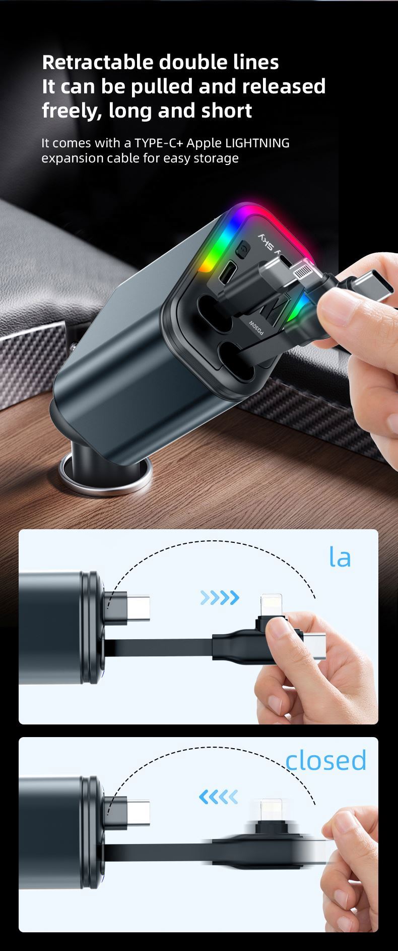 5-in-1 Retractable Car Charger – LED Starlight + QC3.0 + High-Speed USB Type-C / USB-A Outputs