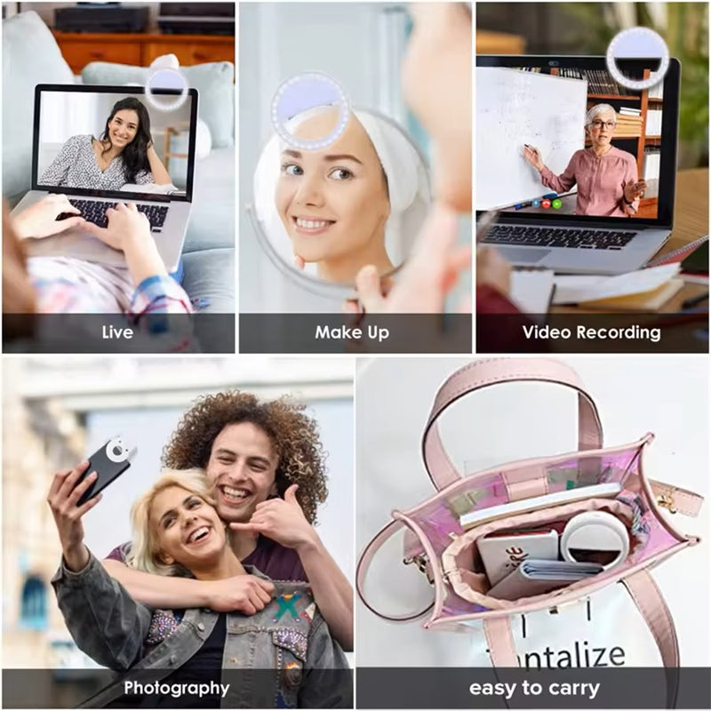 Customizable Clip-On Selfie Ring Lamp – Portable USB Rechargeable LED Mini Ring Light