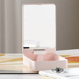 USB Rechargeable LED Makeup Mirror & Cosmetic Box – Double-Sided Pink Mirror with Brush Holder