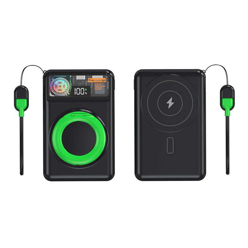 10,000 mAh Magnetic Power Bank with Built-in Lanyard, Cable, Mini Fan & Phone Stand — Fast Charge & Cooling for Travel