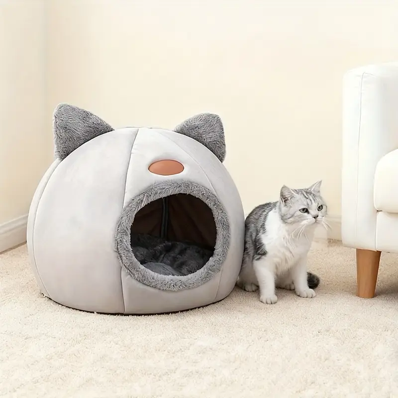 Warm Pet House with Soft Cushion – Semi-Enclosed Bed for Cats and Small Dogs