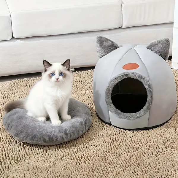 Warm Pet House with Soft Cushion – Semi-Enclosed Bed for Cats and Small Dogs